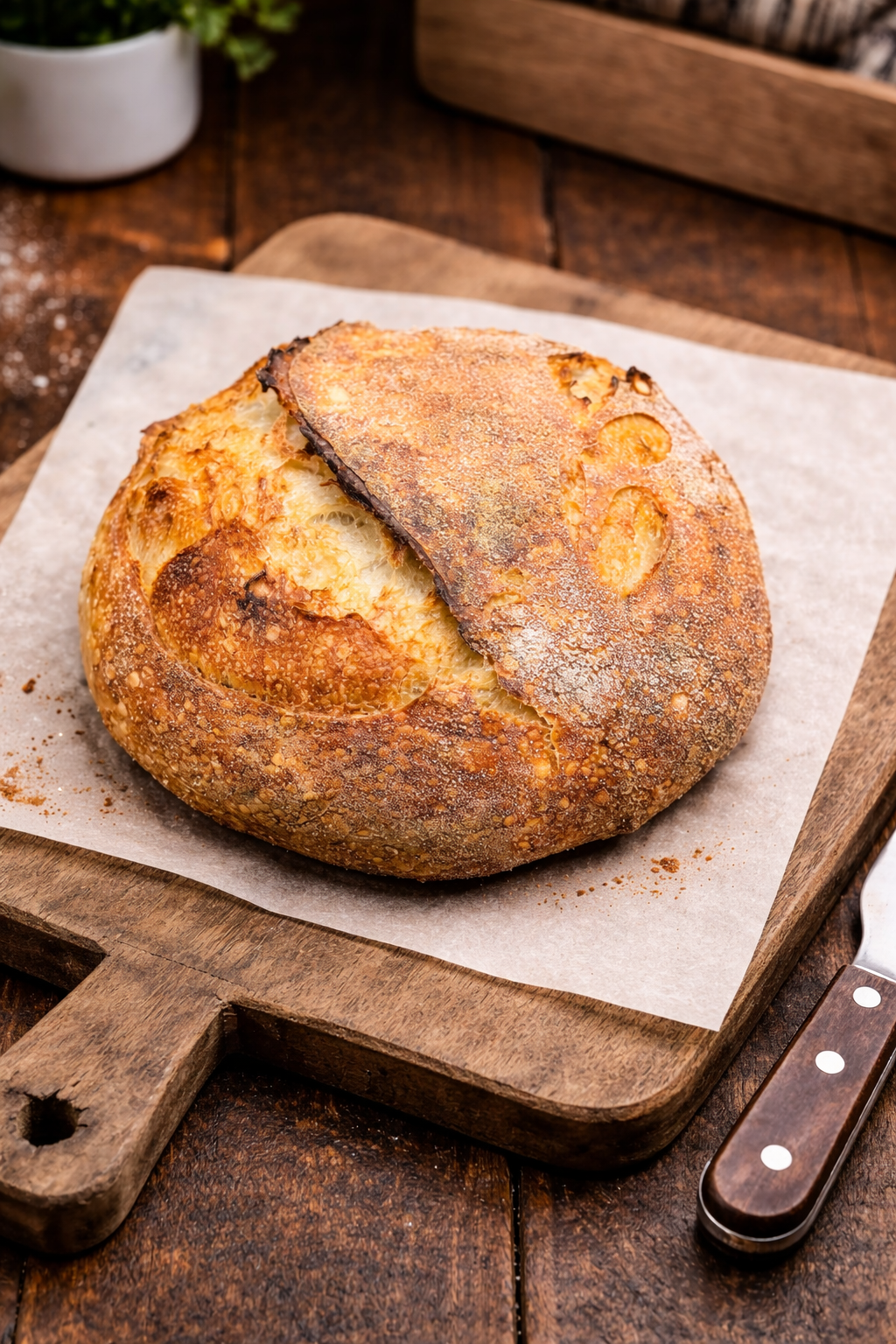 Fresh round sourdough loaf on a wooden cutting board